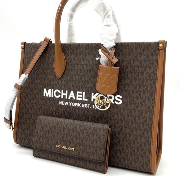Michael Kors Handbags - Michael Kors Mirella Medium EW Tote Bag & Trifold Wallet Brown